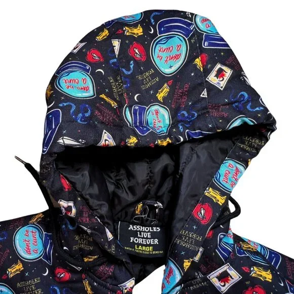 Assholes Live Forever Jacket Mens L Black Graphic Print Puffer Bomber - Picture 3 of 5